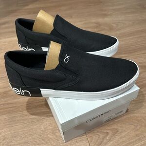 Calvin Klein Black Canvas Slip-On Sneakers with White Sole